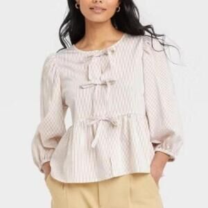 A New Day 3/4 brown and cream stripped bow front tie blouse